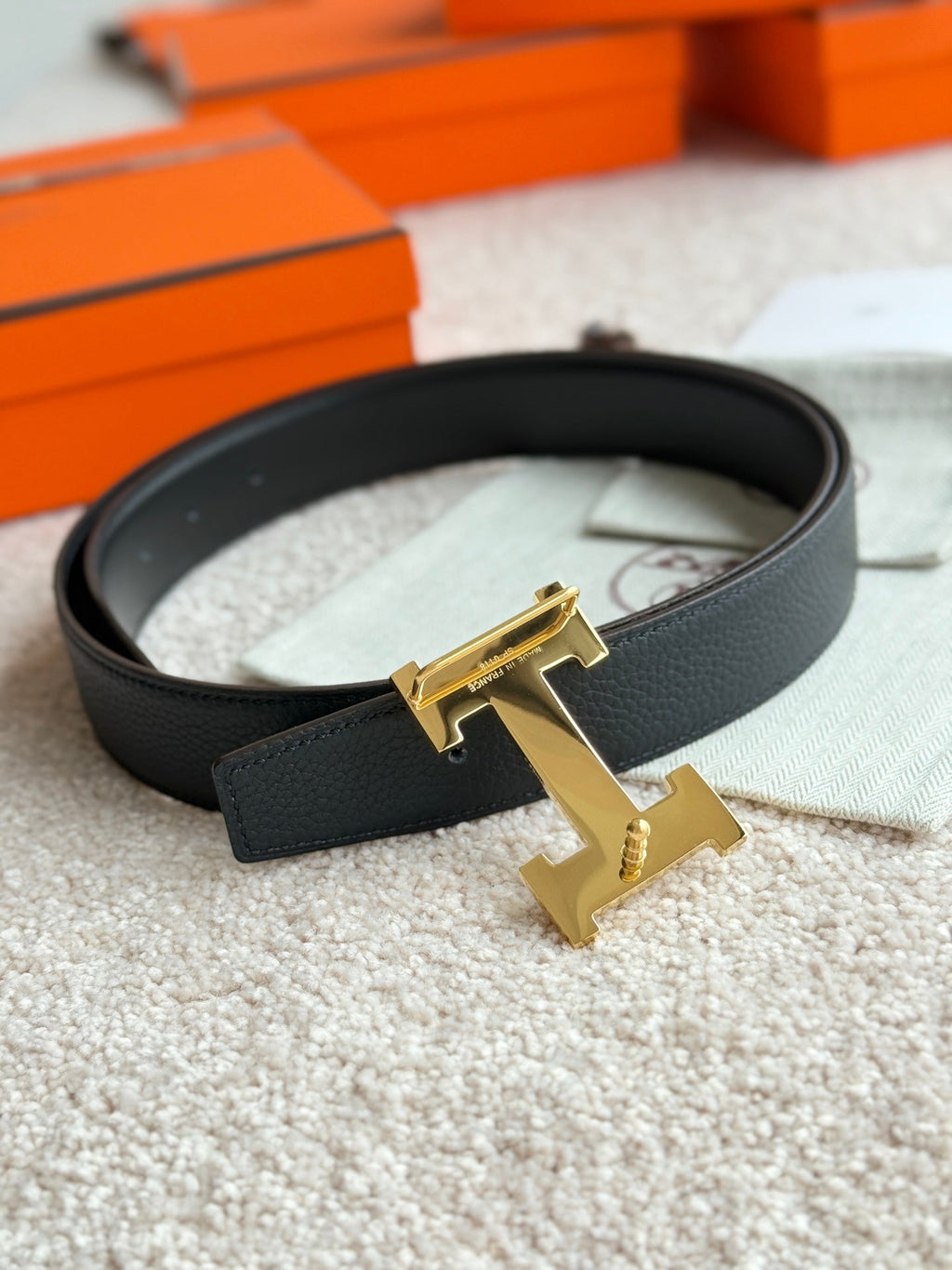 HM Gold H Guillochee Buckle Belt 32mm Black Leather 187597