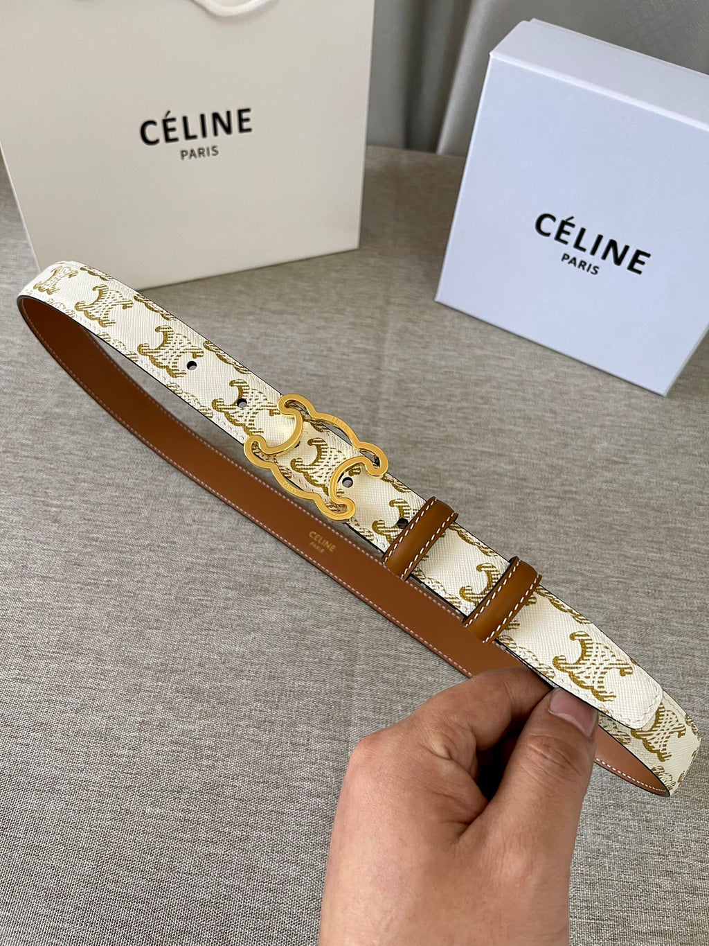 CL logo Cut-out Belt 25mm White Tan Triomphe Canvas Ghw