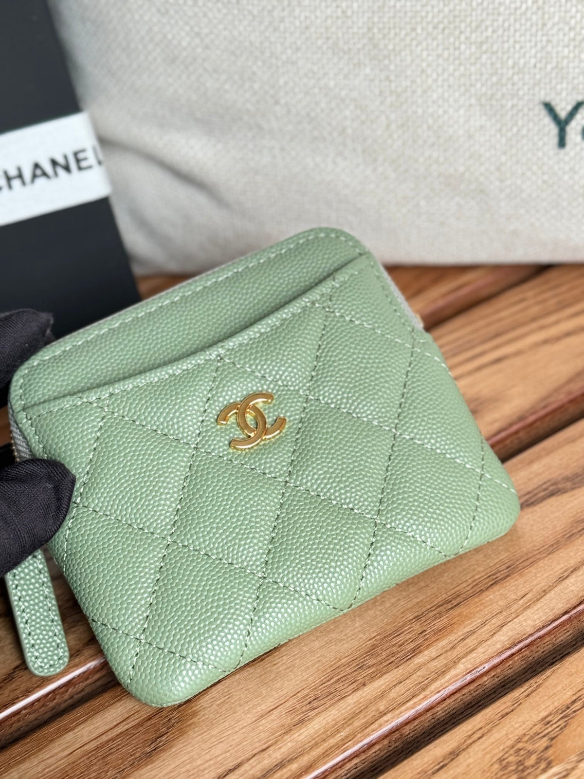 CC Zip Card Holder Wallet Olive Green Gold Metal Caviar 240599