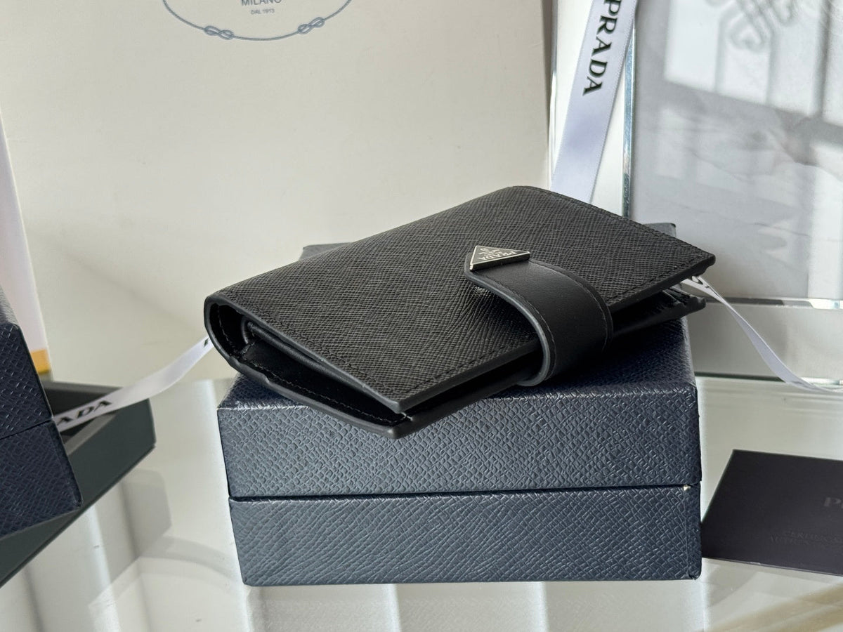 Pra 1MV204 Small Wallet Black Silver Tone Saffiano & Smooth Leather
