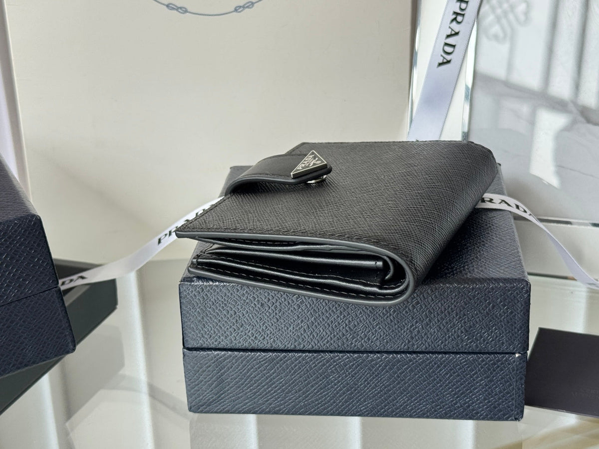 Pra 1MV204 Small Wallet Black Silver Tone Saffiano & Smooth Leather