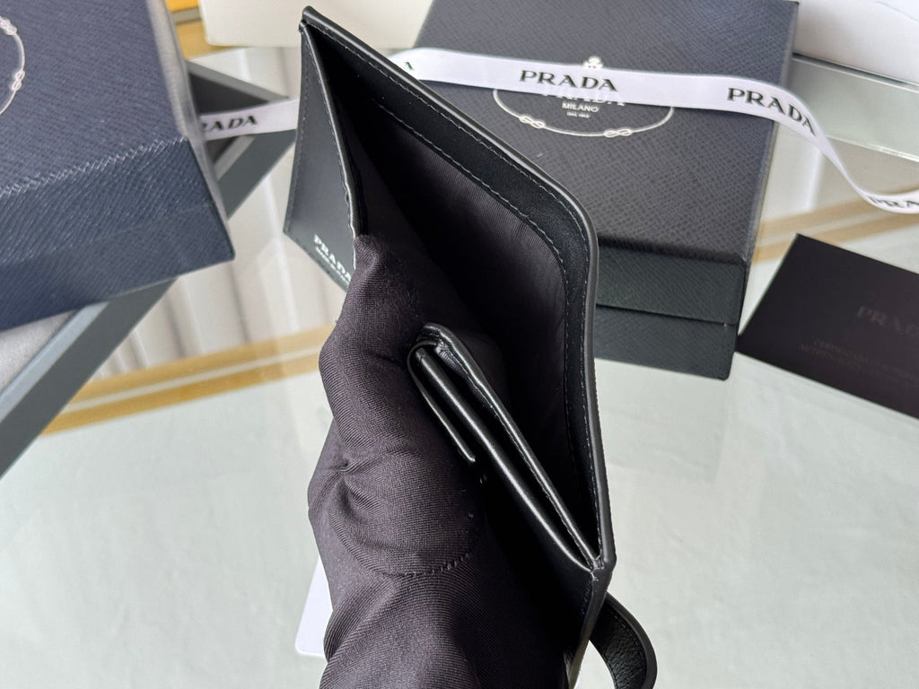 Pra 1MV204 Small Wallet Black Silver Tone Saffiano & Smooth Leather