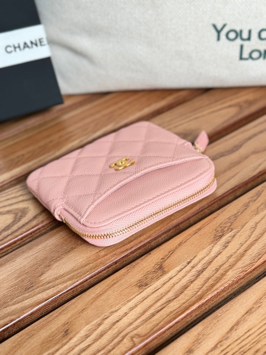 CC Zip Card Holder Wallet Light Pink Gold Metal Caviar 240615