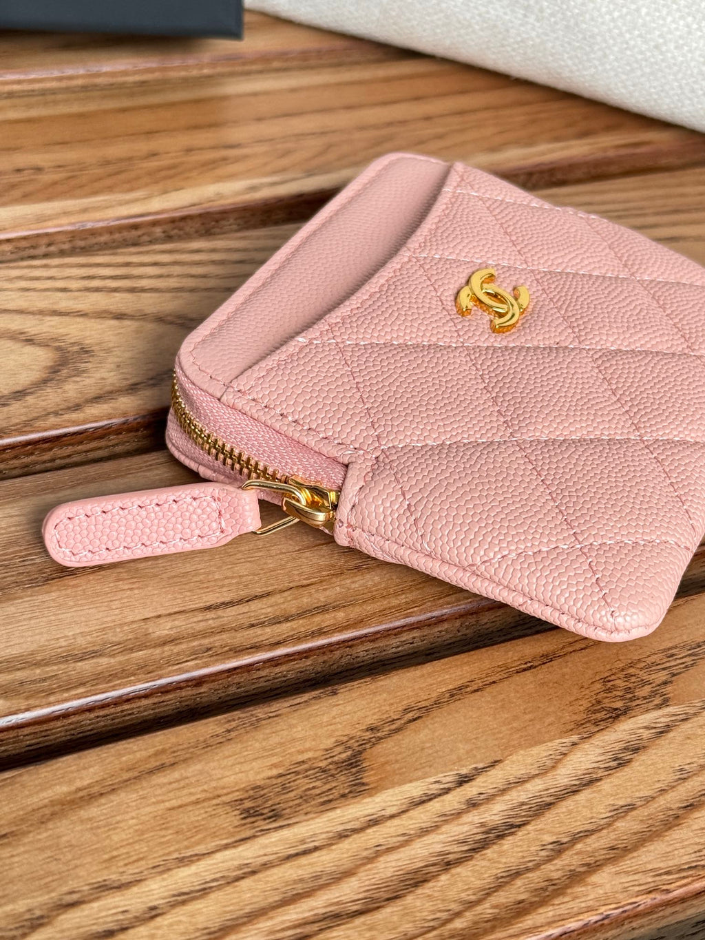 CC Zip Card Holder Wallet Light Pink Gold Metal Caviar 240615