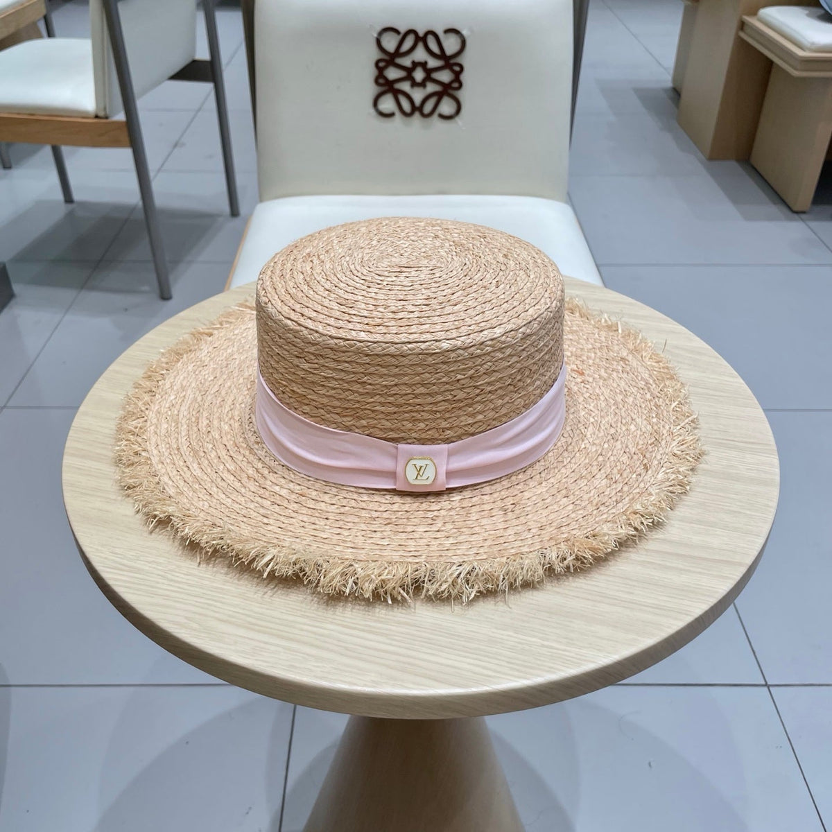 LV Hat Flat Top Frayed Brim Beige Pink in Raffia 207231