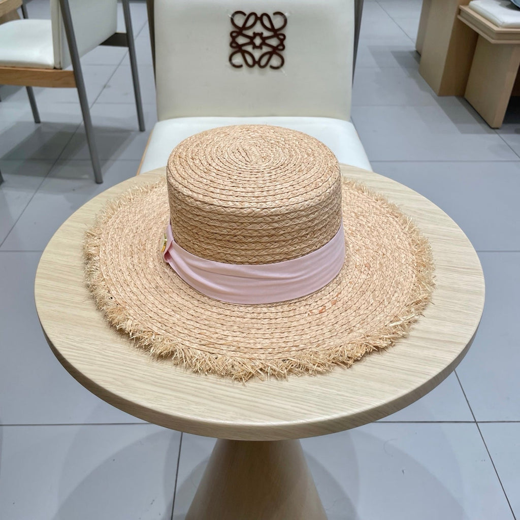 LV Hat Flat Top Frayed Brim Beige Pink in Raffia 207231