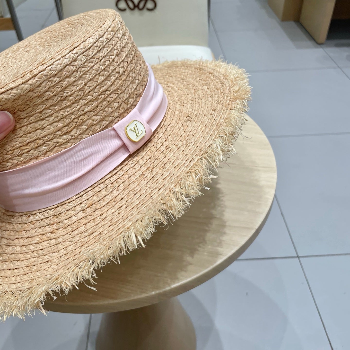 LV Hat Flat Top Frayed Brim Beige Pink in Raffia 207231