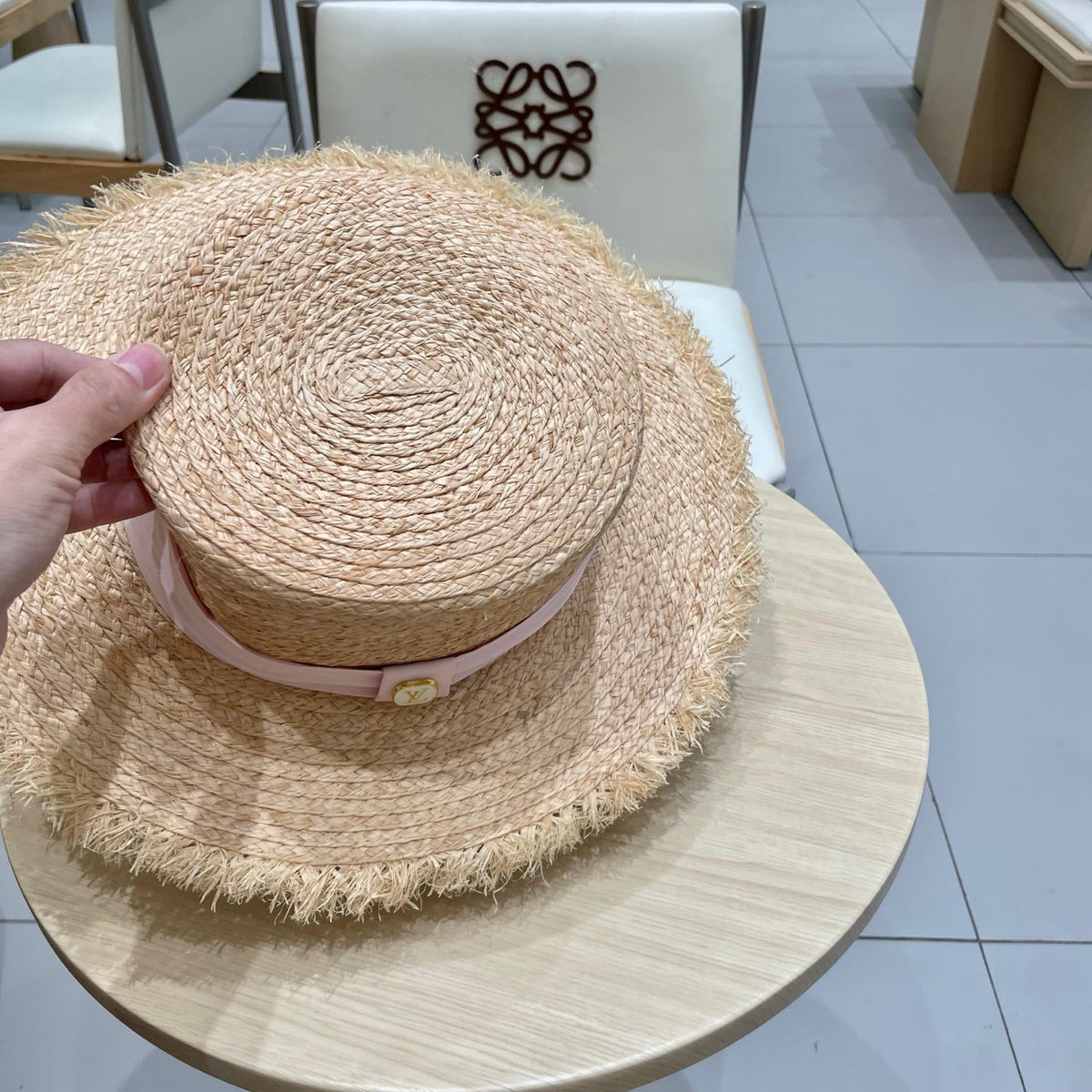 LV Hat Flat Top Frayed Brim Beige Pink in Raffia 207231