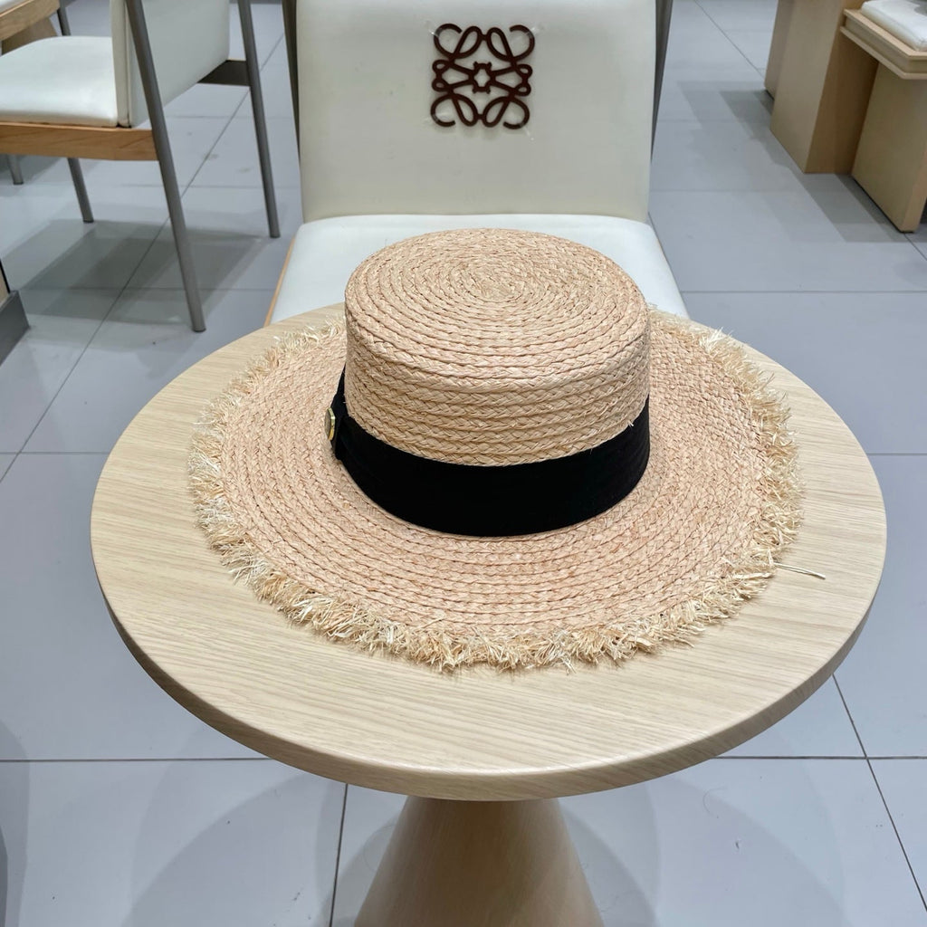 LV Hat Flat Top Frayed Brim Beige Black in Raffia 207230