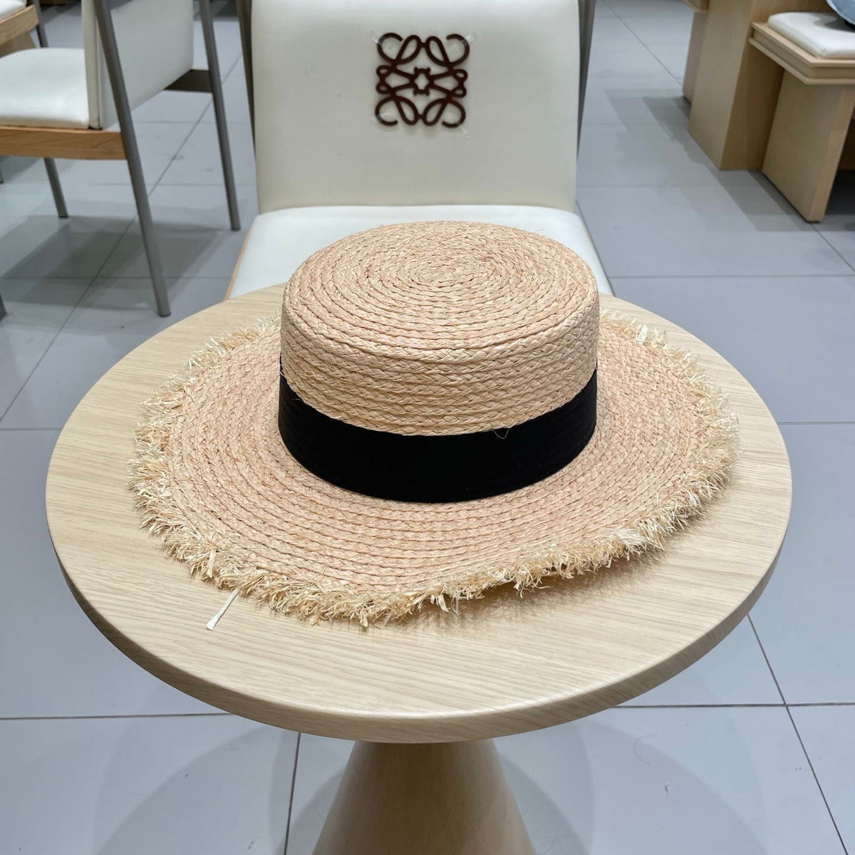LV Hat Flat Top Frayed Brim Beige Black in Raffia 207230