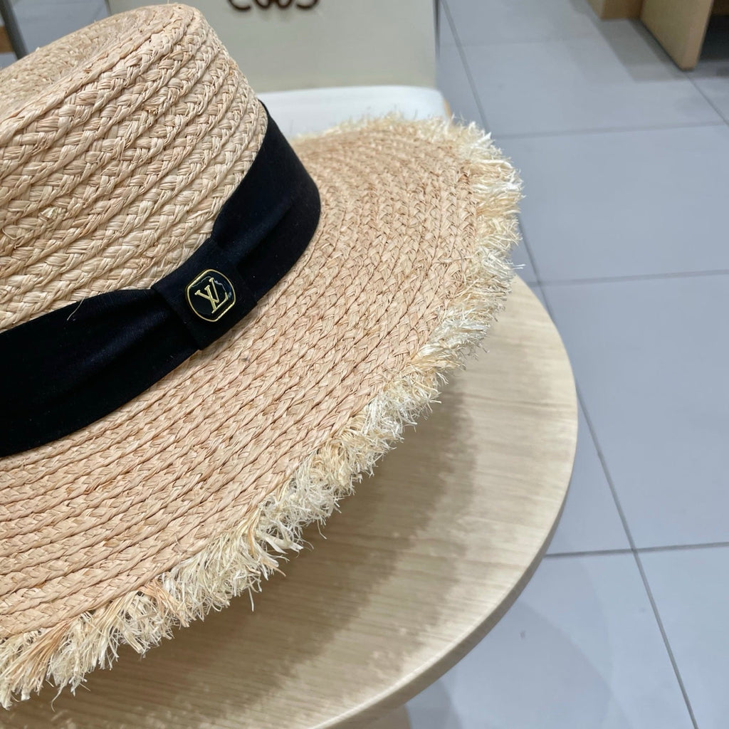 LV Hat Flat Top Frayed Brim Beige Black in Raffia 207230
