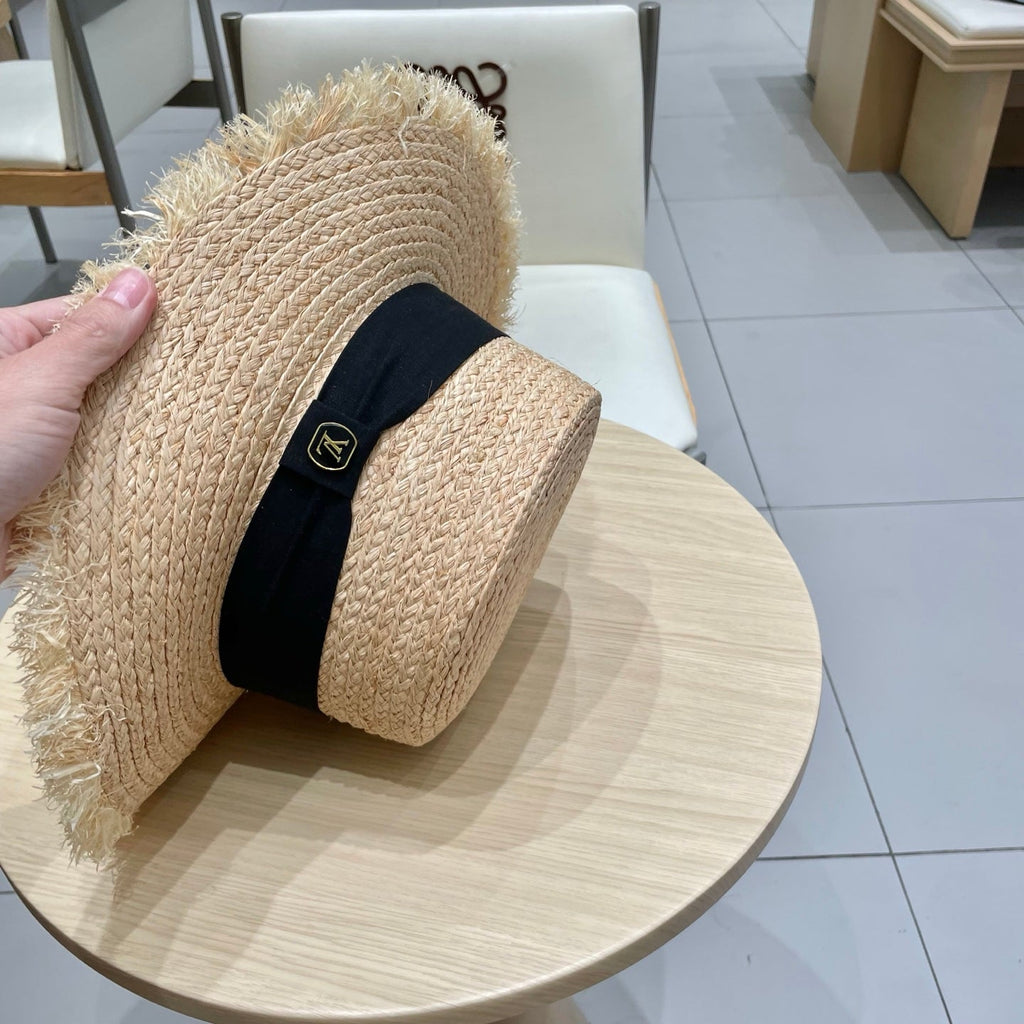 LV Hat Flat Top Frayed Brim Beige Black in Raffia 207230