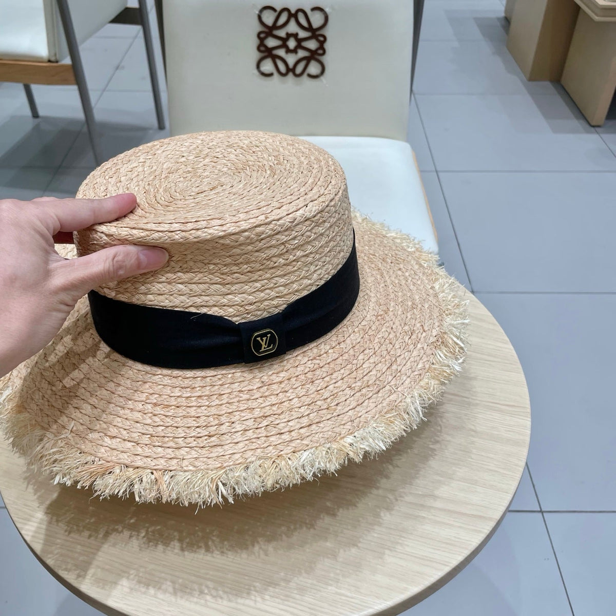 LV Hat Flat Top Frayed Brim Beige Black in Raffia 207230