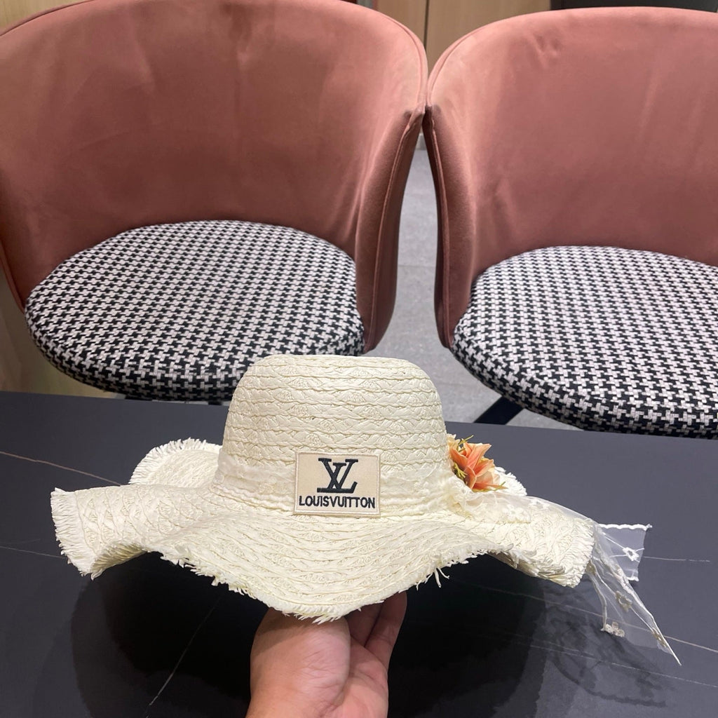 LV French-style Floral Lace Ribbon Hat White in Straw 207011