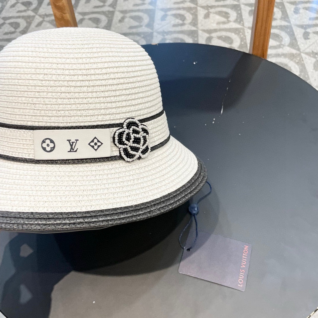 LV Dome Brim Hat with Bow White in Straw 205624