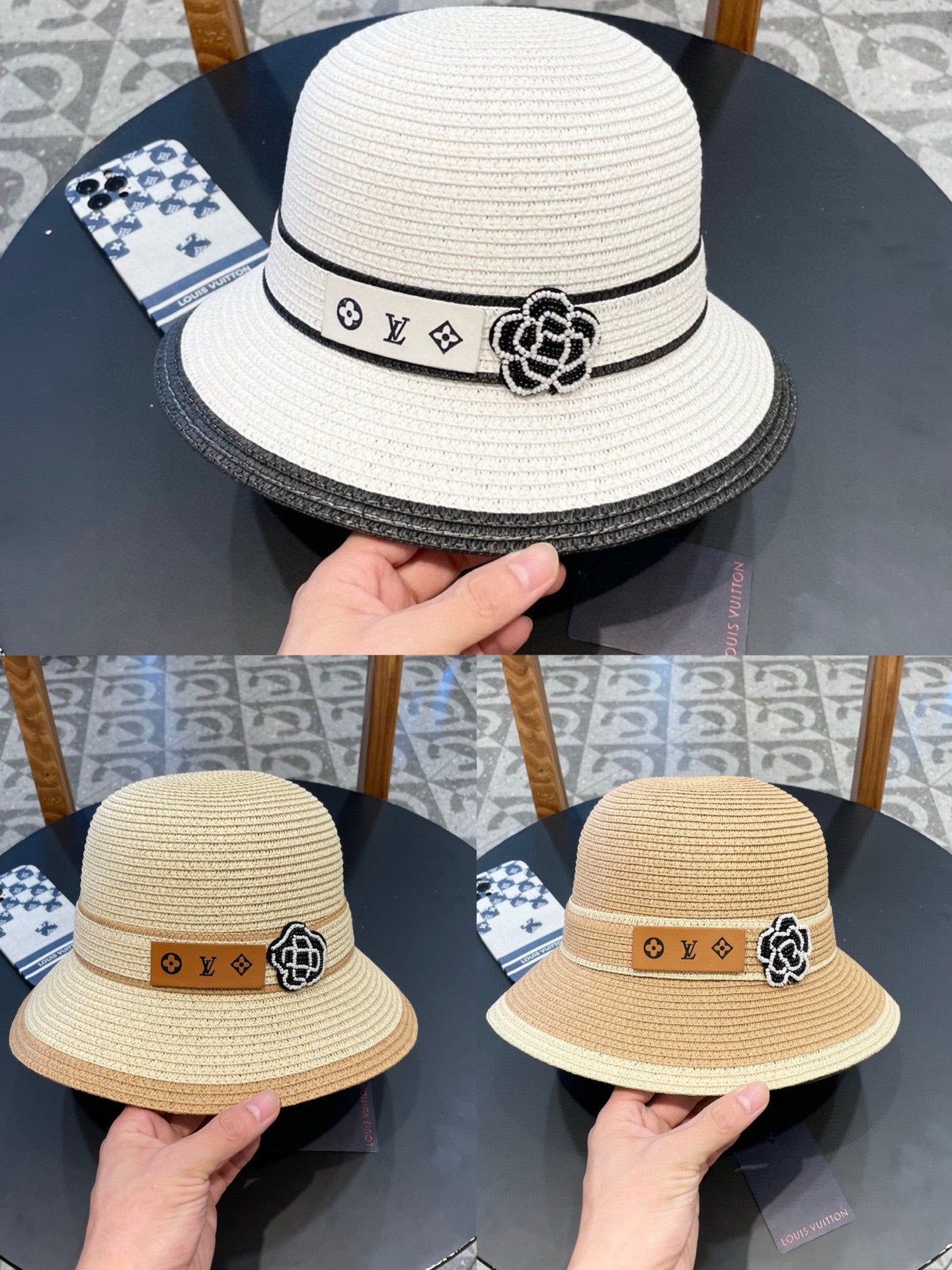 LV Dome Brim Hat with Bow White in Straw 205624