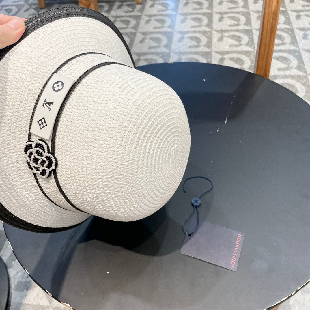 LV Dome Brim Hat with Bow White in Straw 205624