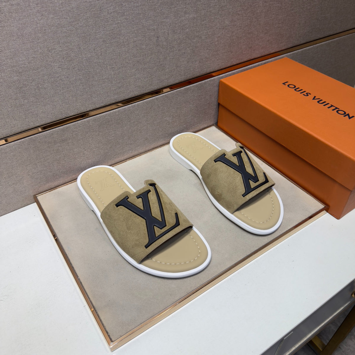 LV Men's Slide Sandals, Beige Suede LV Logo Open Toe Casual Slip On Summer Slippers