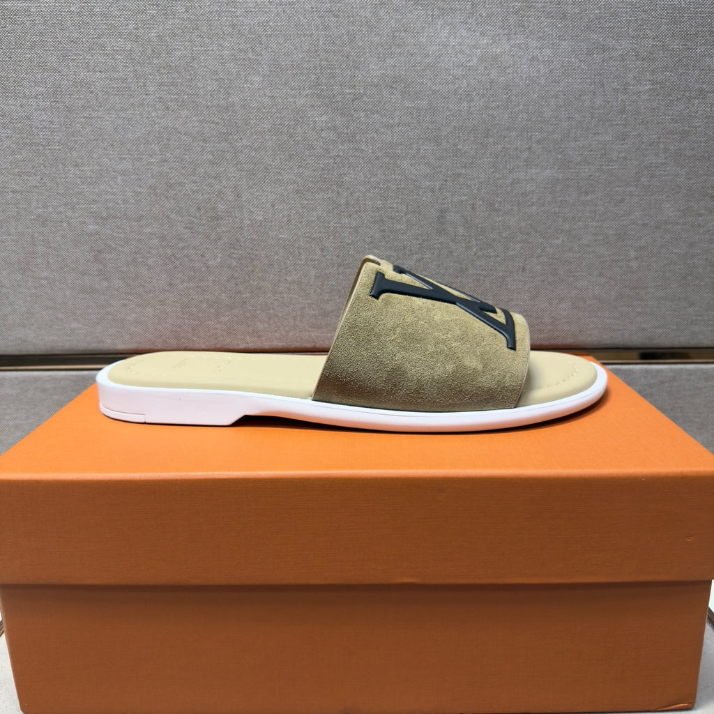 LV Men's Slide Sandals, Beige Suede LV Logo Open Toe Casual Slip On Summer Slippers