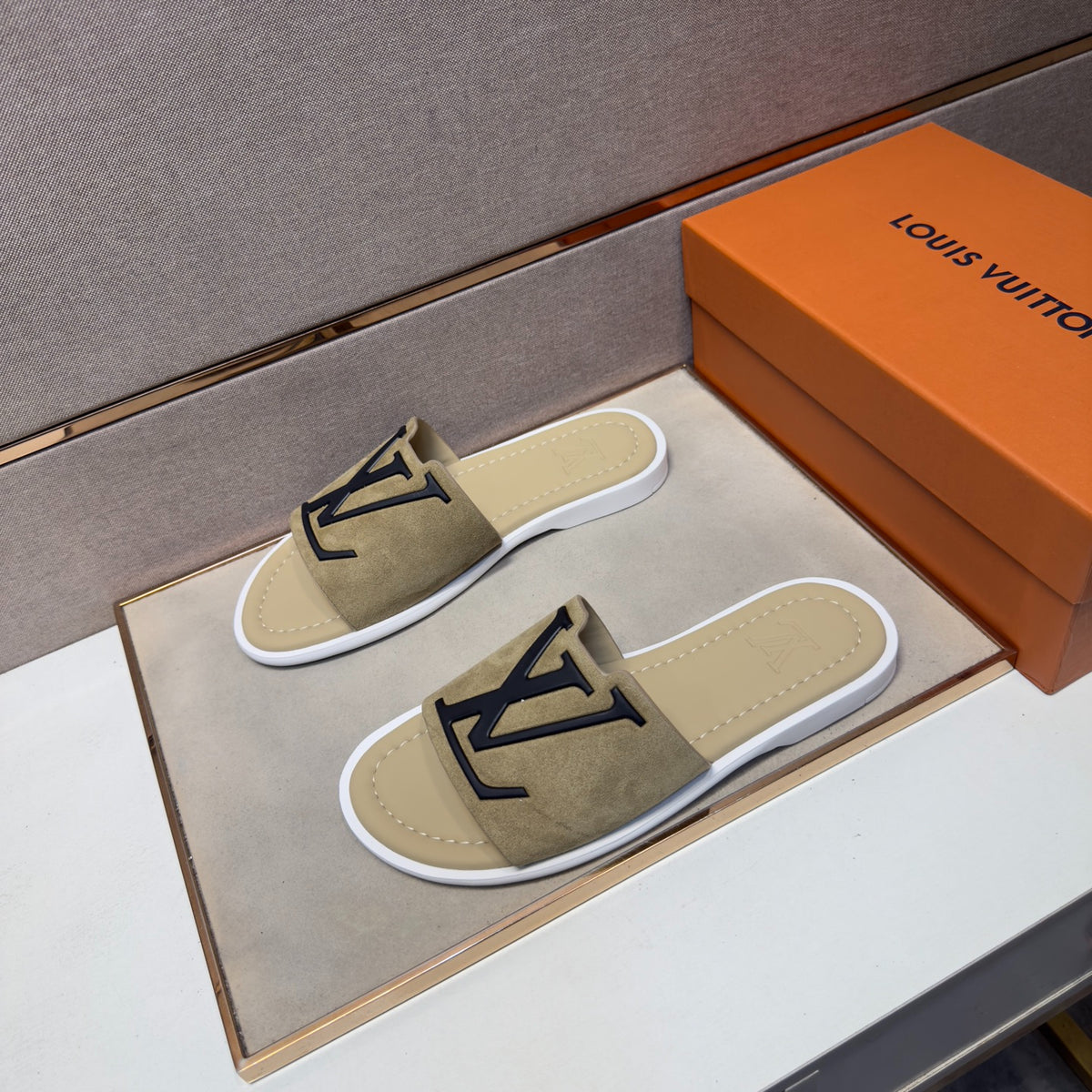 LV Men's Slide Sandals, Beige Suede LV Logo Open Toe Casual Slip On Summer Slippers