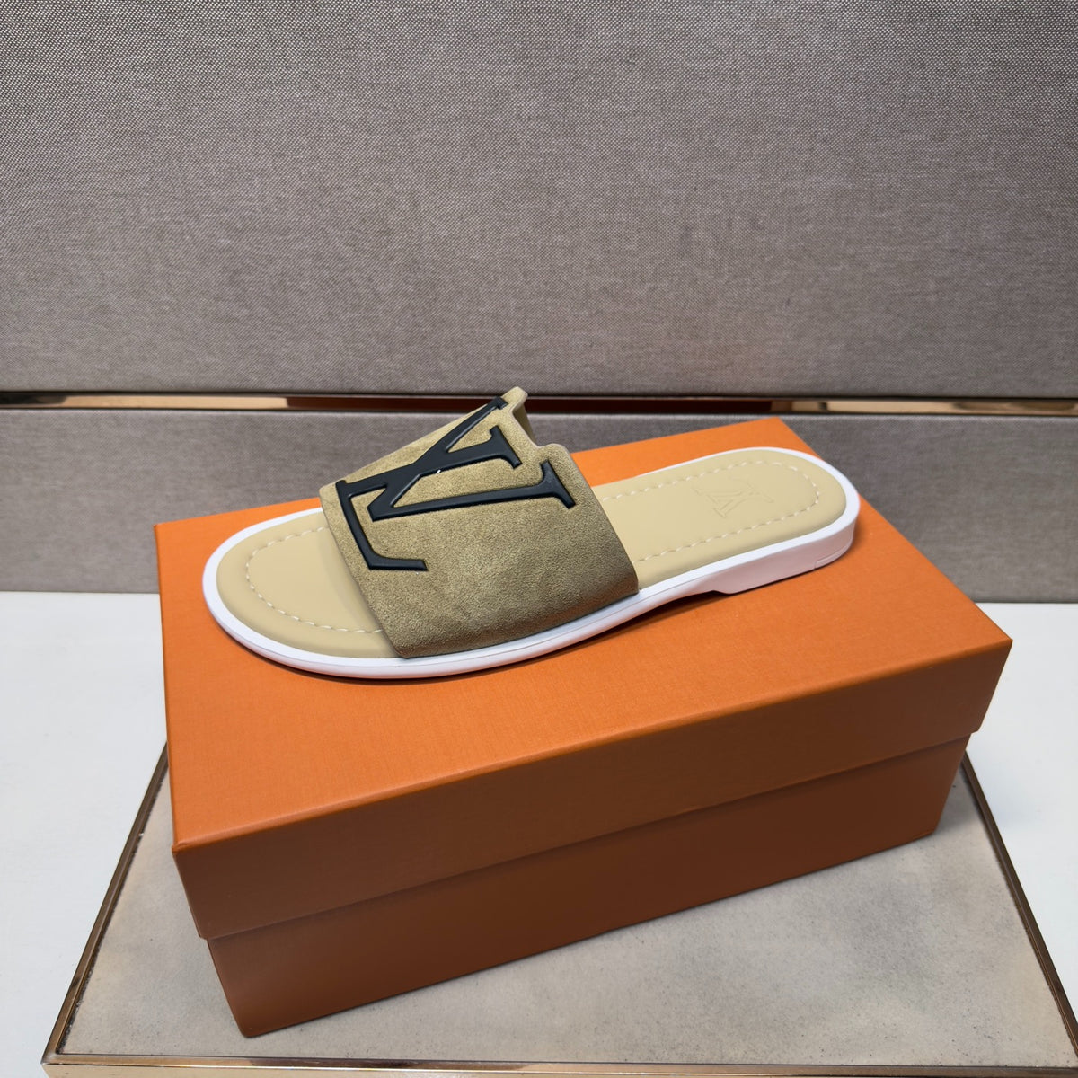 LV Men's Slide Sandals, Beige Suede LV Logo Open Toe Casual Slip On Summer Slippers