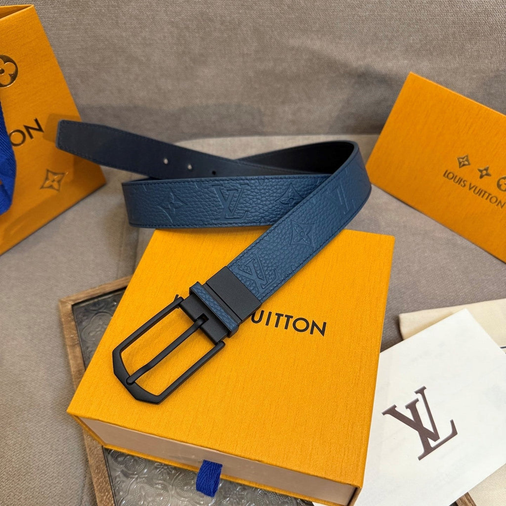 LV Slender Men Belt 35mm Deep Blue Embossed Monogram Leather Black HW