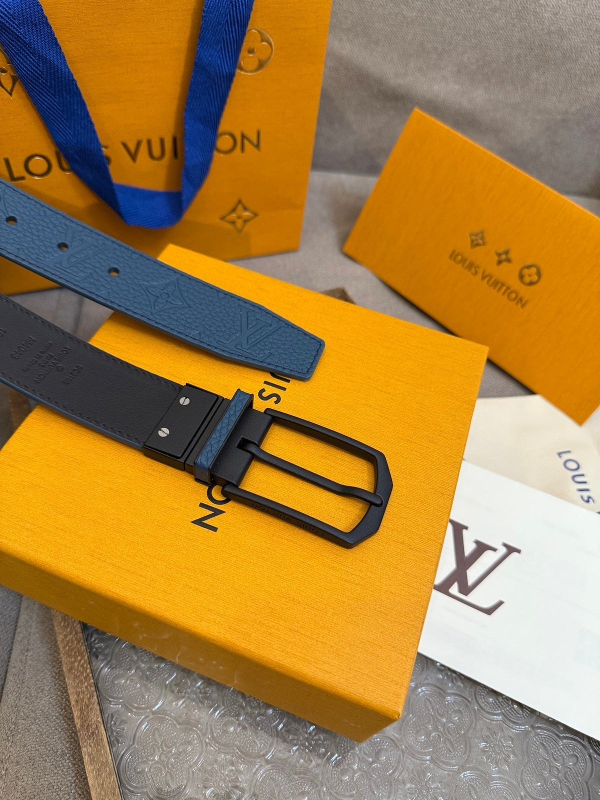 LV Slender Men Belt 35mm Deep Blue Embossed Monogram Leather Black HW