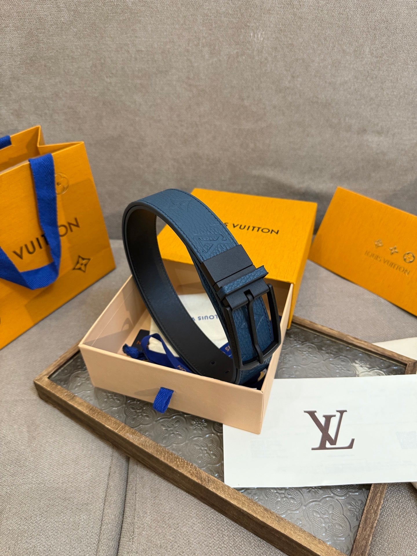 LV Slender Men Belt 35mm Deep Blue Embossed Monogram Leather Black HW