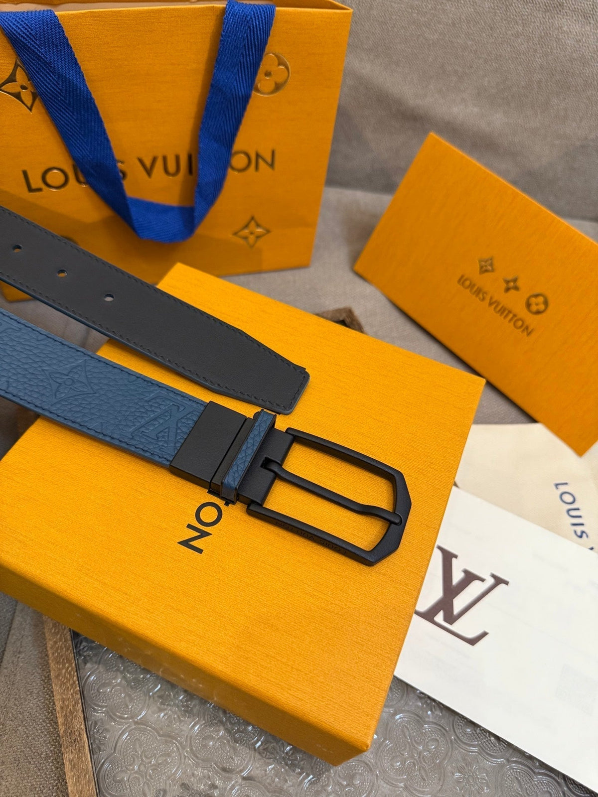 LV Slender Men Belt 35mm Deep Blue Embossed Monogram Leather Black HW