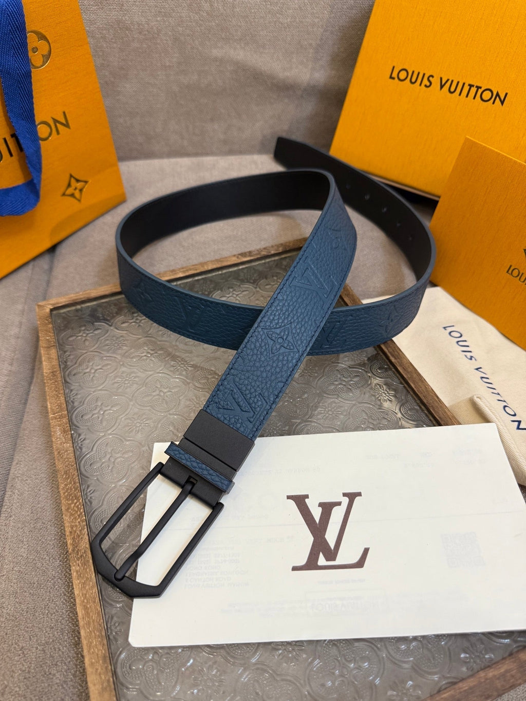 LV Slender Men Belt 35mm Deep Blue Embossed Monogram Leather Black HW