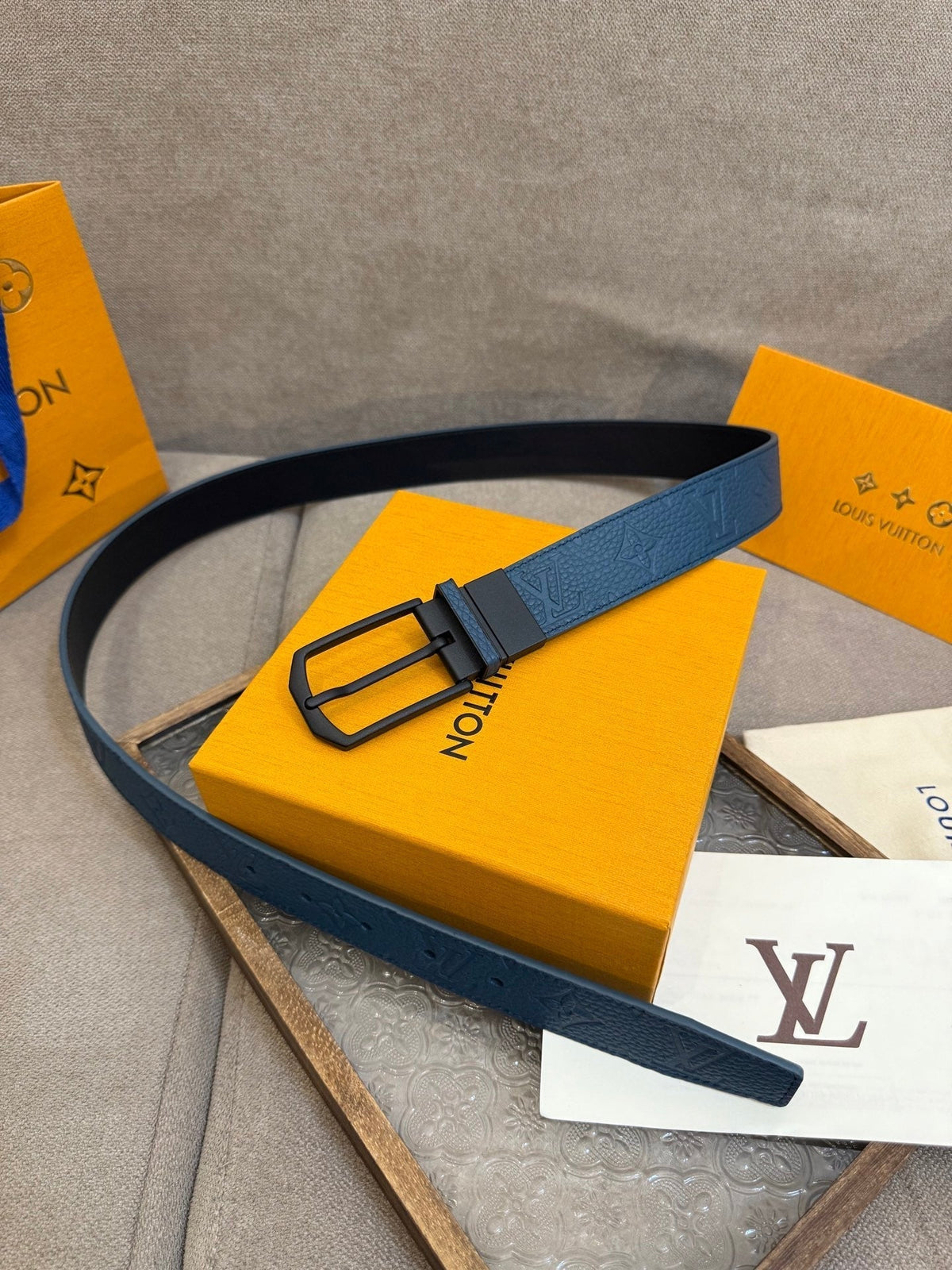 LV Slender Men Belt 35mm Deep Blue Embossed Monogram Leather Black HW