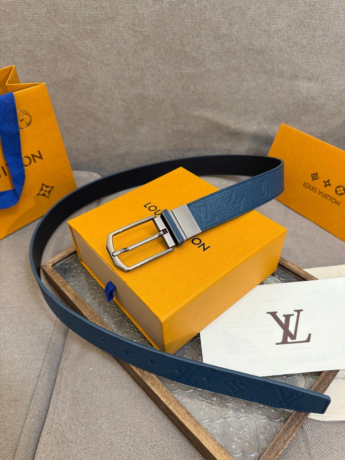 LV Slender Men Belt 35mm Deep Blue Embossed Monogram Leather Sliver HW