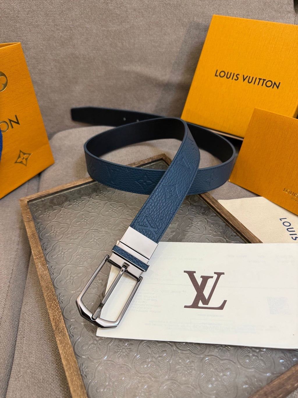 LV Slender Men Belt 35mm Deep Blue Embossed Monogram Leather Sliver HW