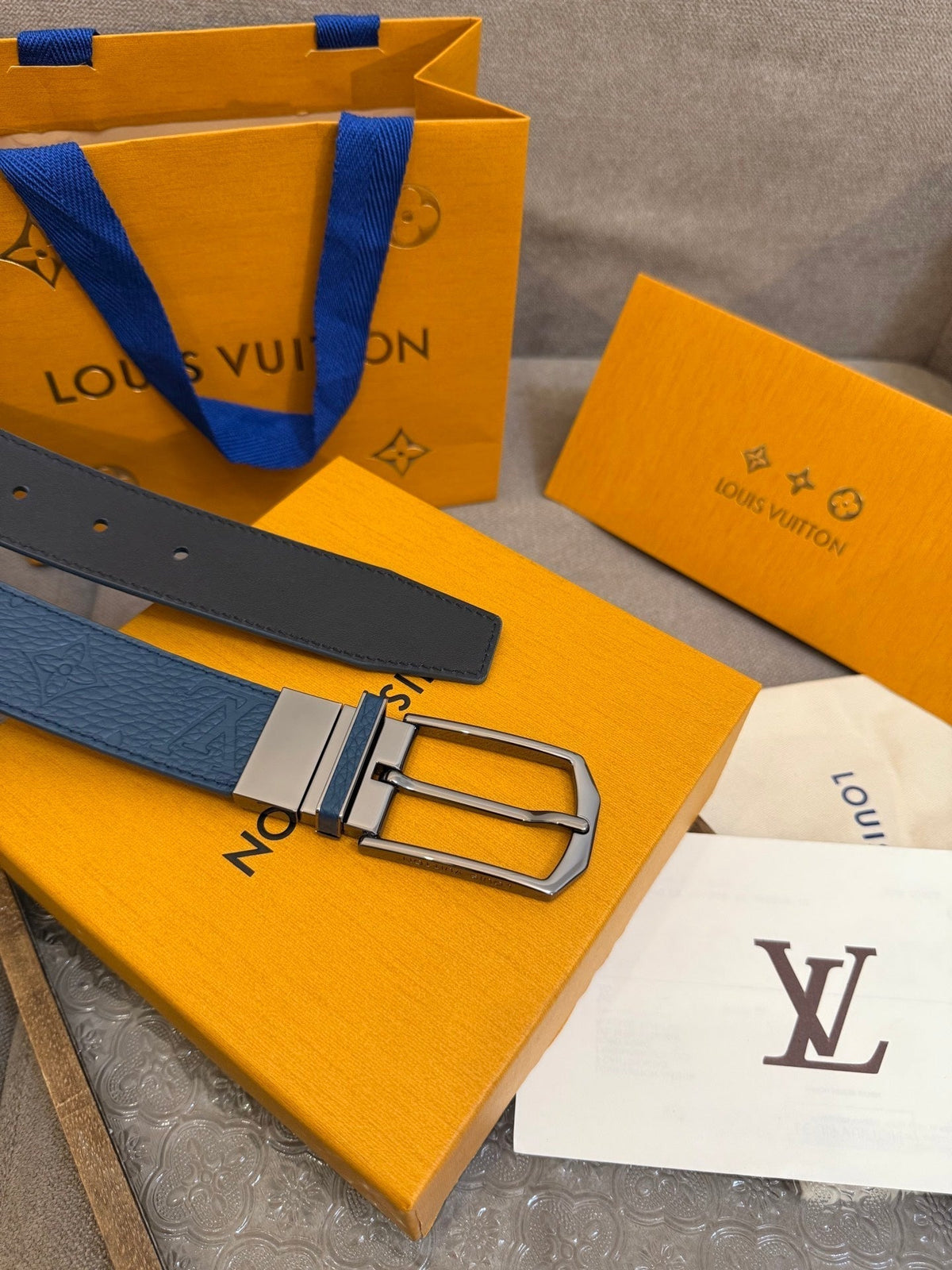 LV Slender Men Belt 35mm Deep Blue Embossed Monogram Leather Sliver HW