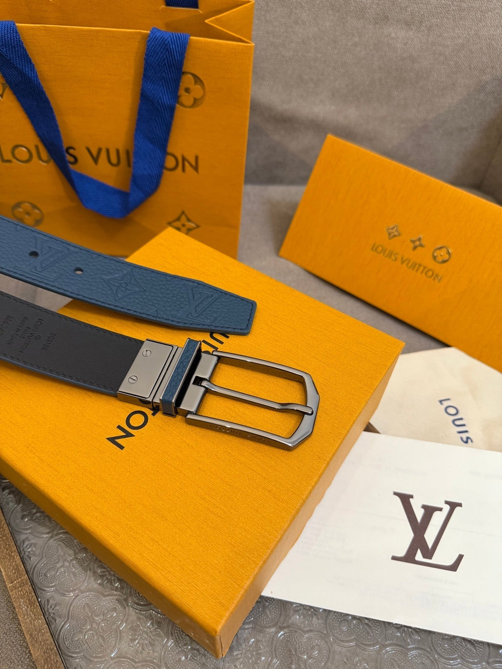 LV Slender Men Belt 35mm Deep Blue Embossed Monogram Leather Sliver HW