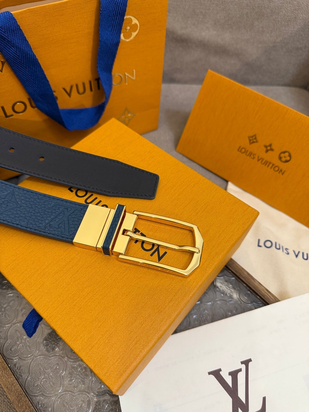 LV Slender Men Belt 35mm Deep Blue Embossed Monogram Leather Light GHW