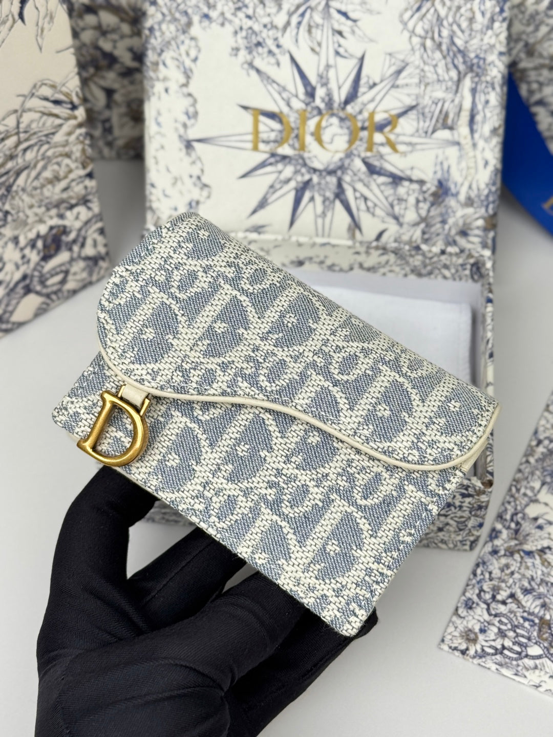 CD Saddle Lotus Wallet 10.5cm White Grey Jacquard GHW