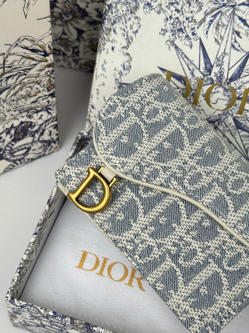 CD Saddle Lotus Wallet 10.5cm White Grey Jacquard GHW