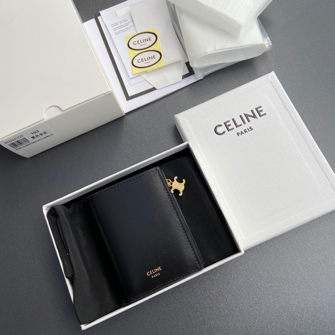 TRIOMPHE Compact Wallet Charms Black Grained Cowhide