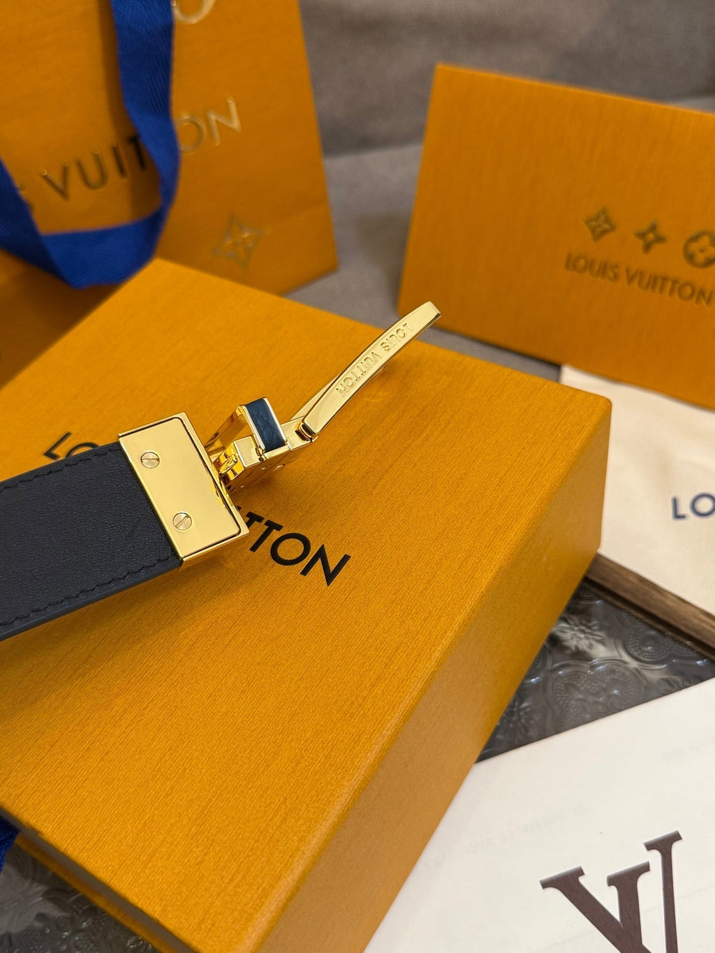 LV Slender Men Belt 35mm Deep Blue Embossed Monogram Leather Light GHW