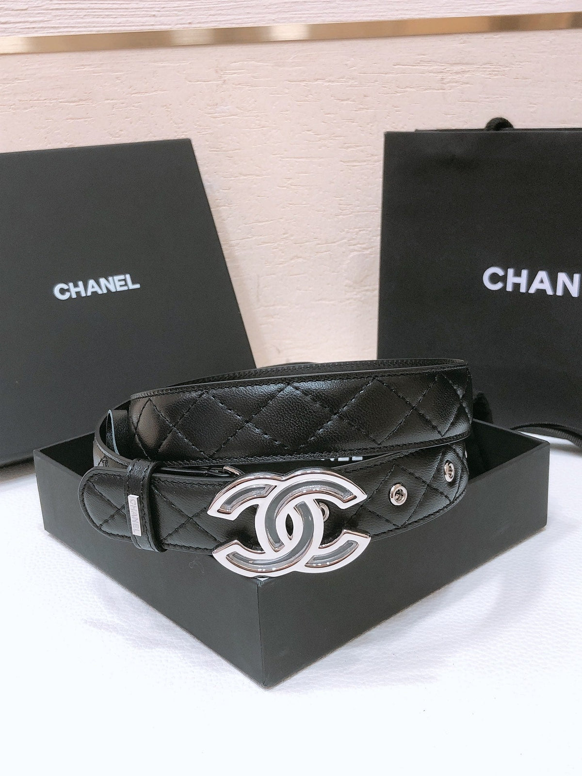 CHANEL BELT 3CM IN BLACK EMBROIDERED LAMBSKIN SILVER HARDWARE