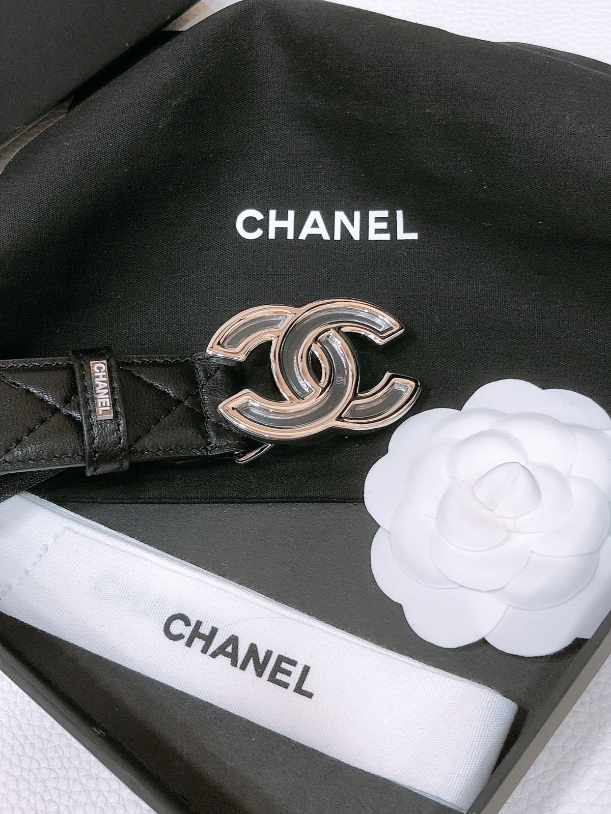 CHANEL BELT 3CM IN BLACK EMBROIDERED LAMBSKIN SILVER HARDWARE