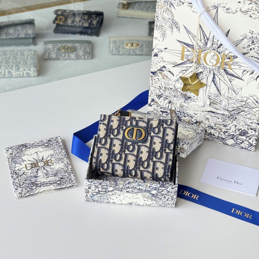 CD 30 Montaigne Dahlia Wallet 12cm Blue Fabric & Calfskin Jacquard