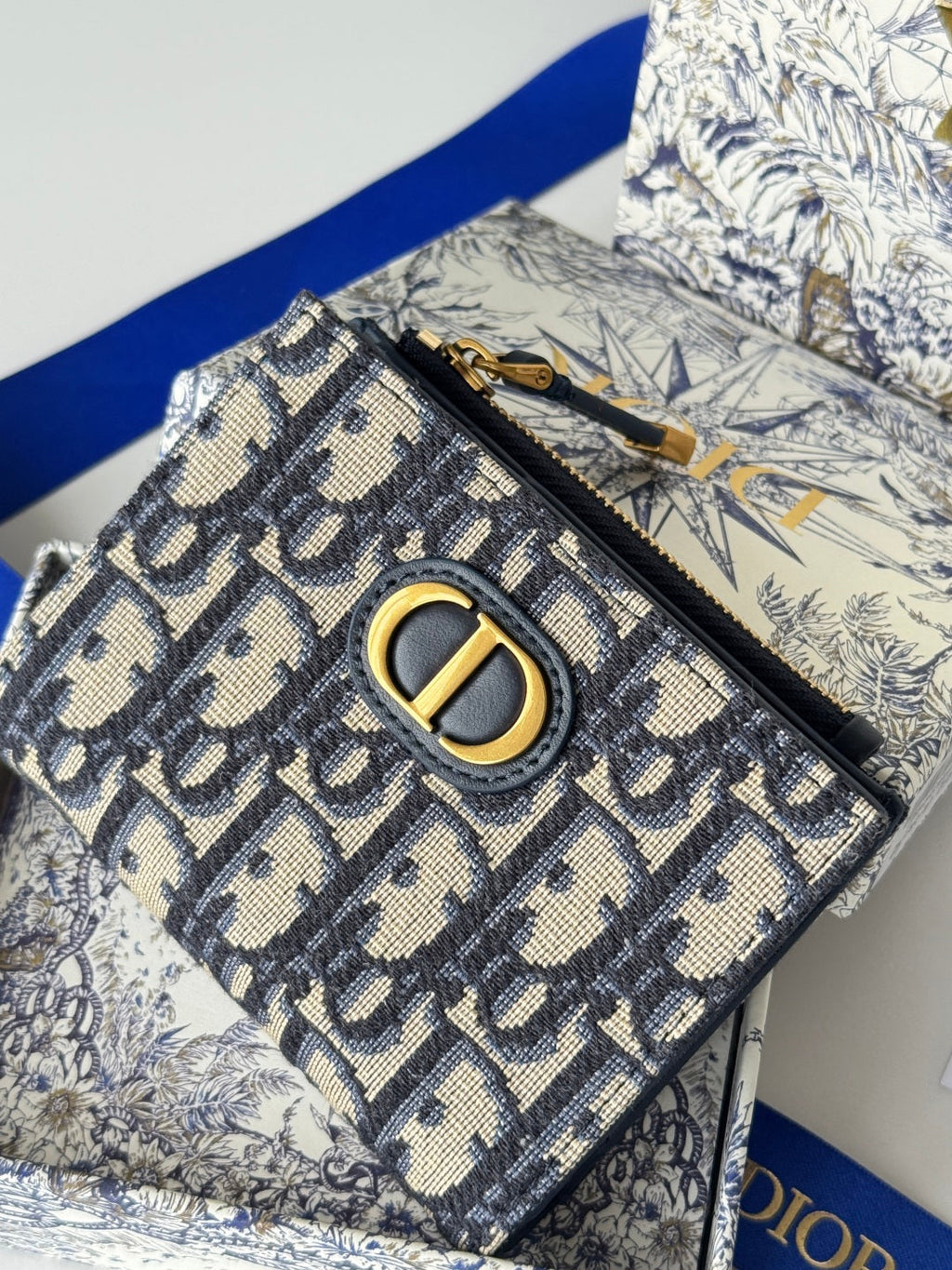CD 30 Montaigne Dahlia Wallet 12cm Blue Fabric & Calfskin Jacquard