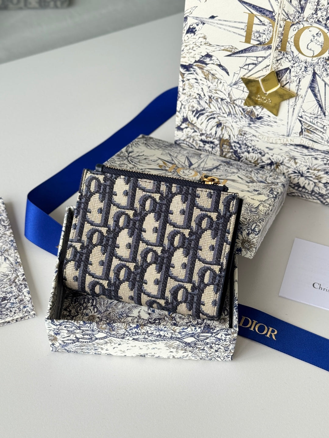 CD 30 Montaigne Dahlia Wallet 12cm Blue Fabric & Calfskin Jacquard