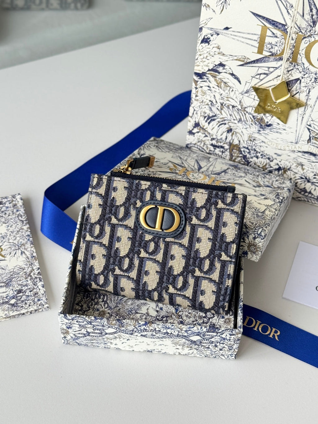 CD 30 Montaigne Dahlia Wallet 12cm Blue Fabric & Calfskin Jacquard