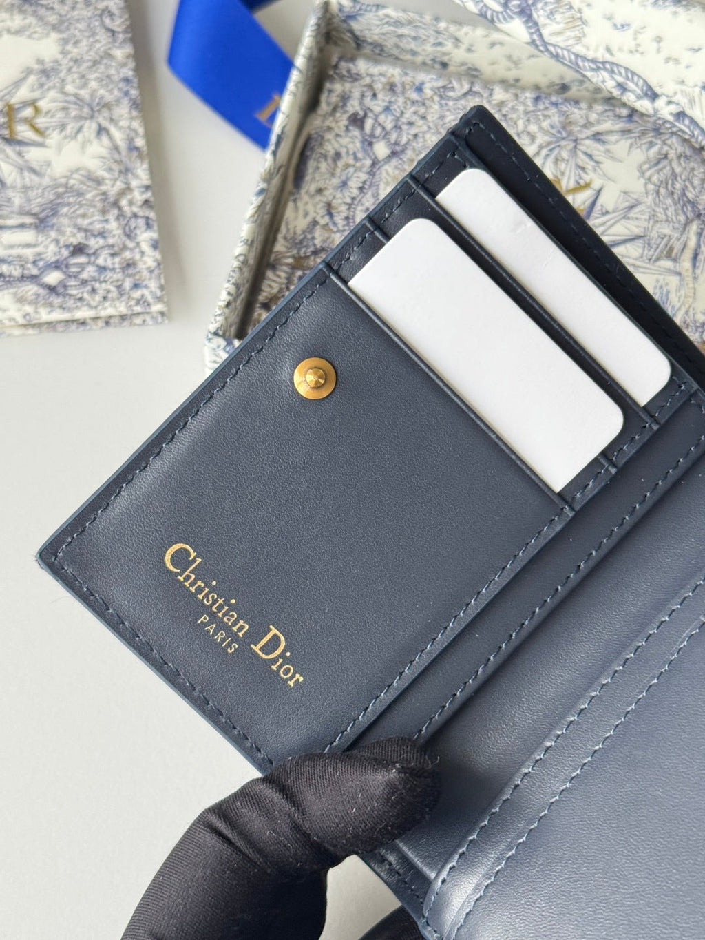 CD 30 Montaigne Dahlia Wallet 12cm Blue Fabric & Calfskin Jacquard
