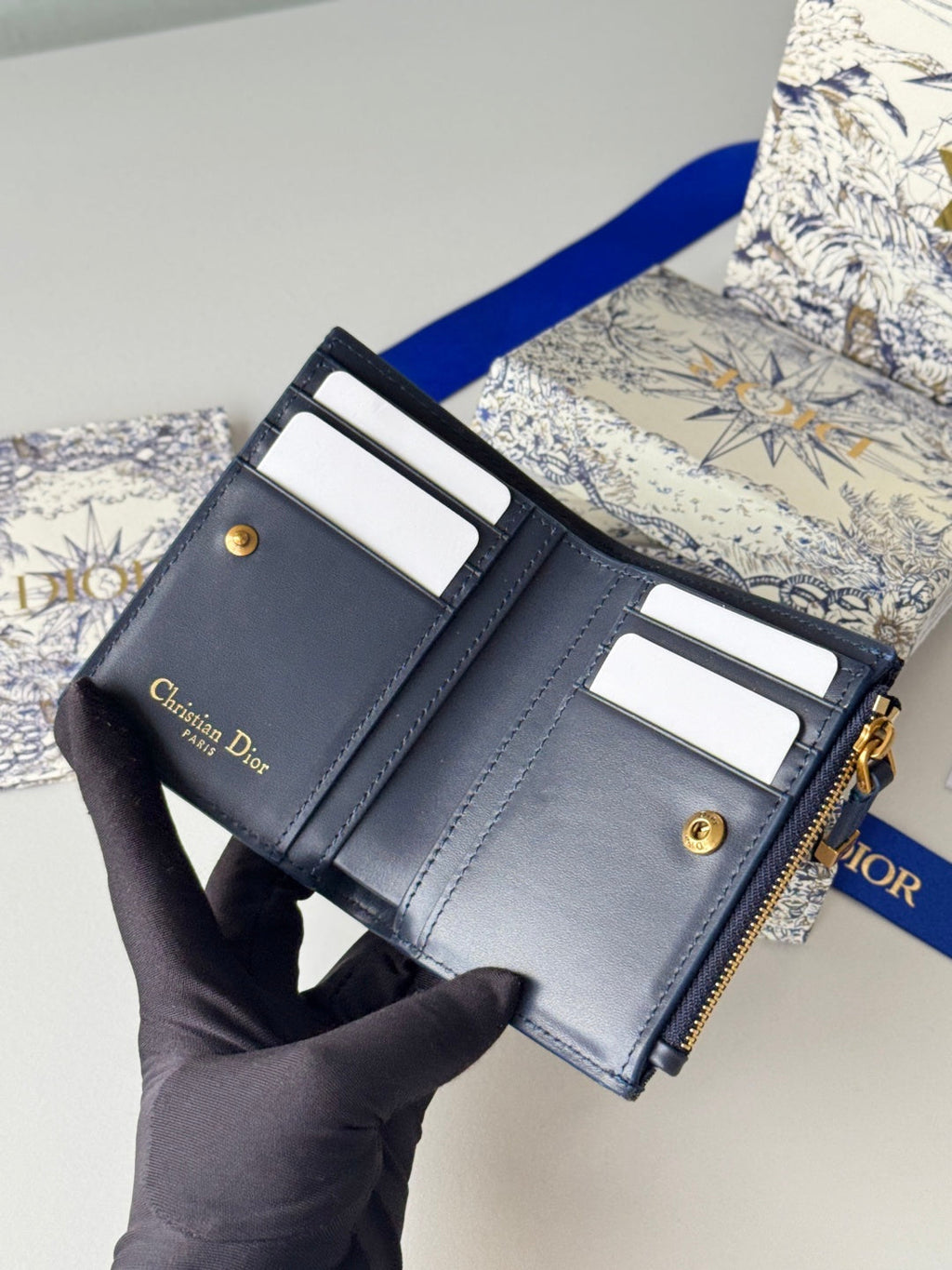 CD 30 Montaigne Dahlia Wallet 12cm Blue Fabric & Calfskin Jacquard