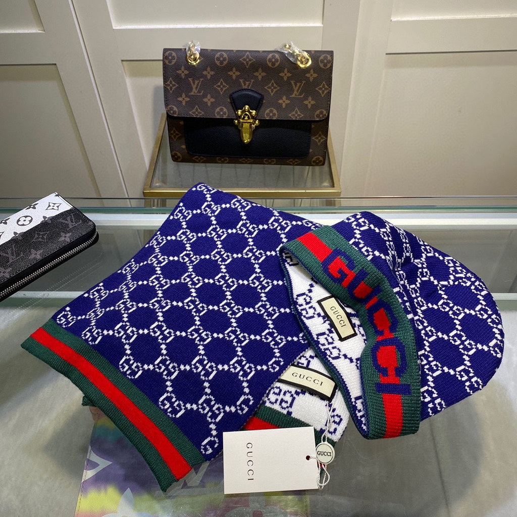 SET SCARF AND HAT IN NAVY BLUE MONOGRAM CASHMERE 349665