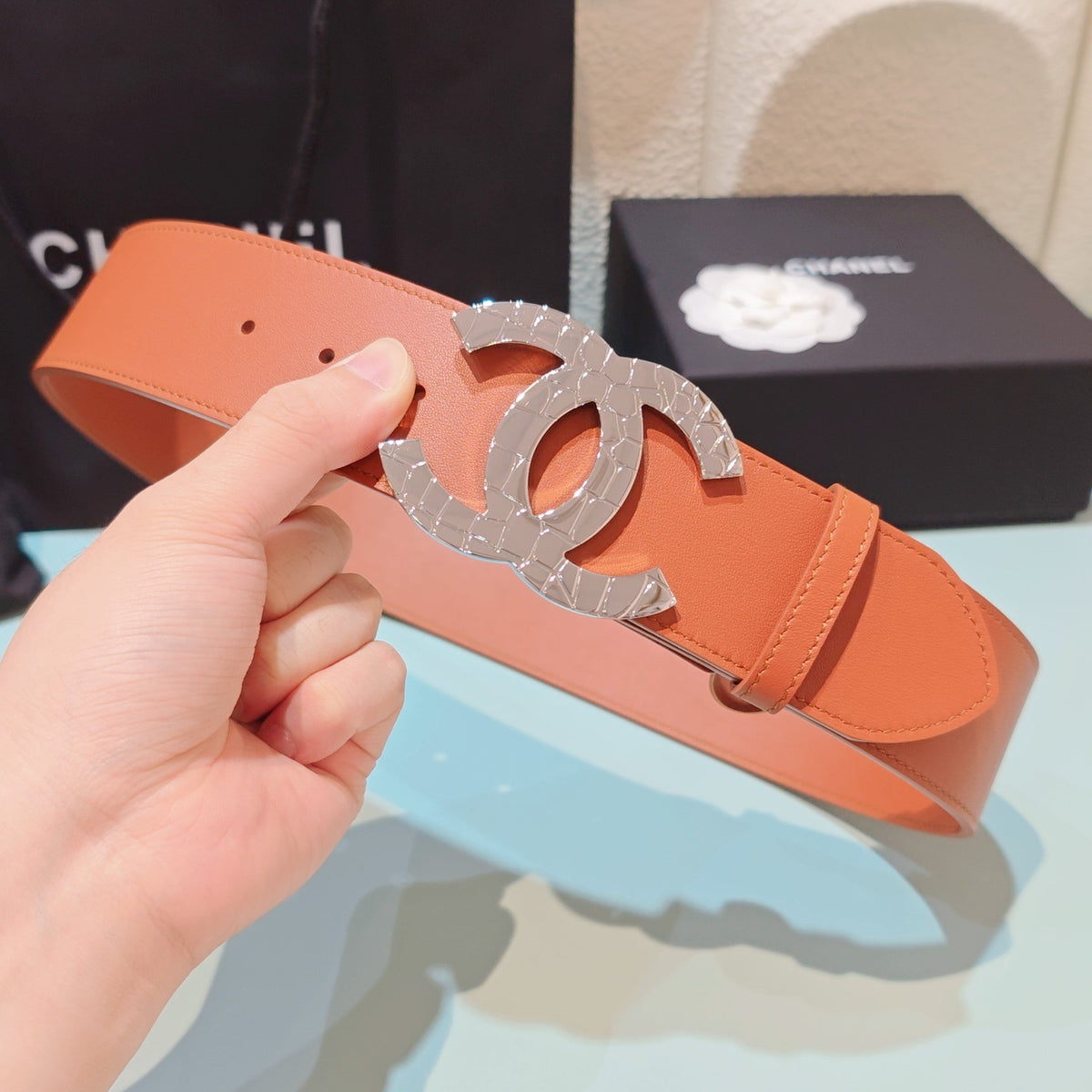 CC Belt 5.0 Brass Hardware Buckle Orange Leather 200101